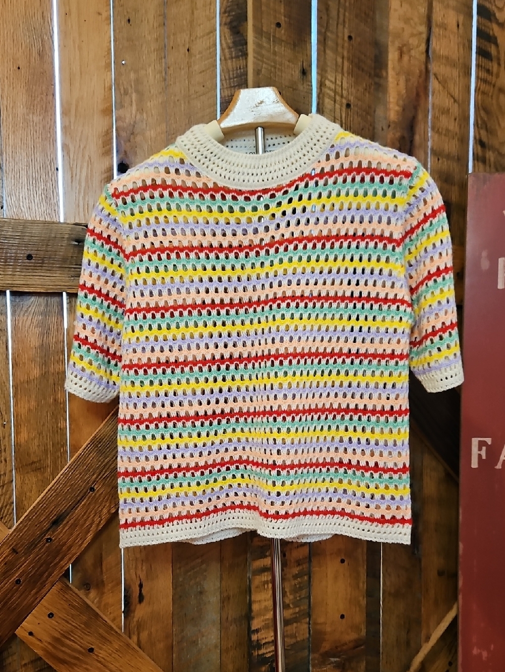 381 Crochet Short Sleeve Tee in Cream with Rainbow Stripes